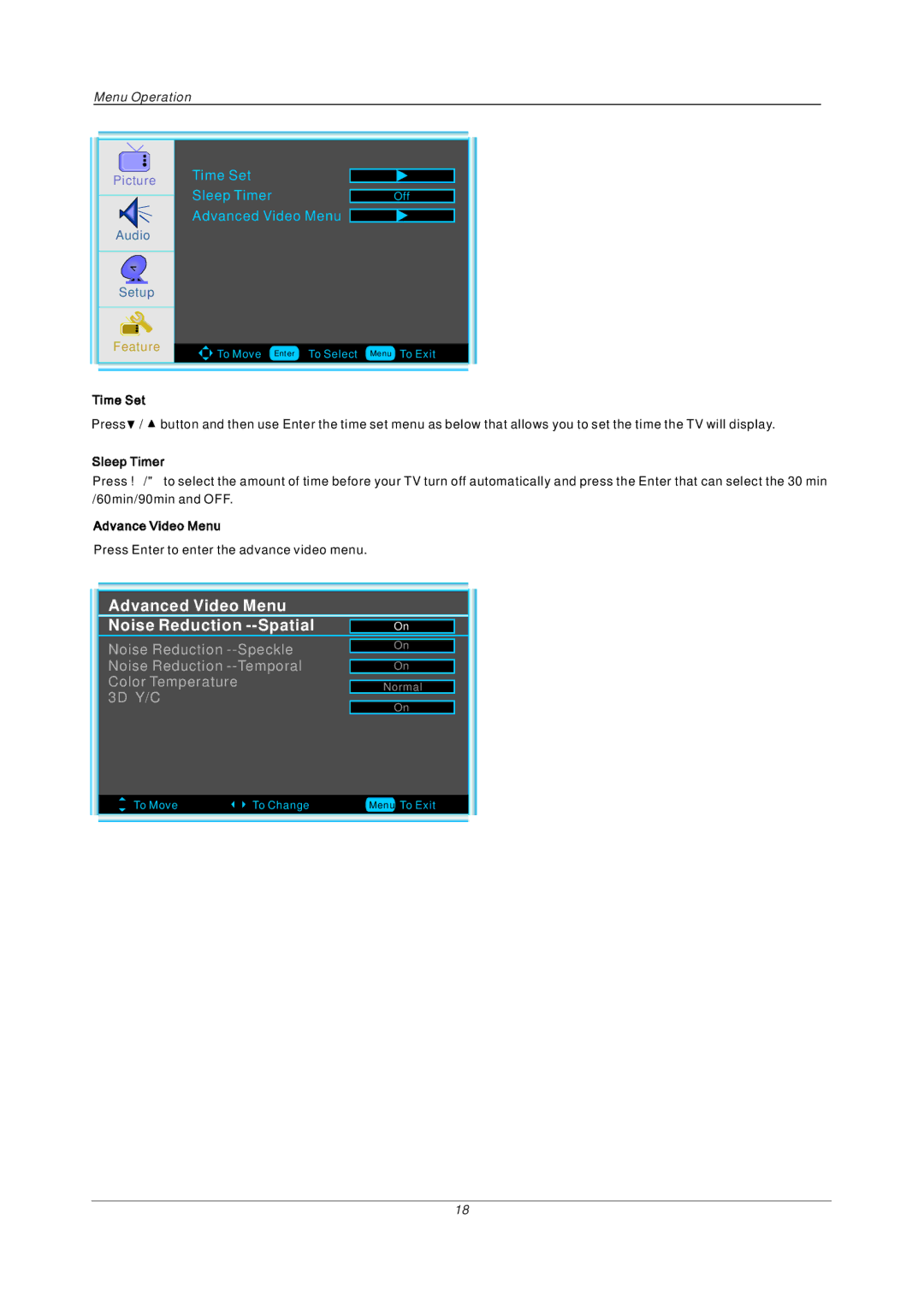 PYLE Audio PTC16LD manual Feature, Advanced Video Menu 