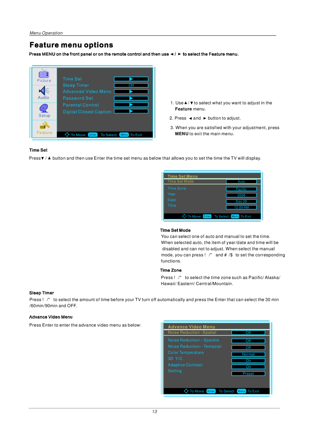 PYLE Audio PTC19LC manual Time Set Sleep Timer, Time Set Menu 