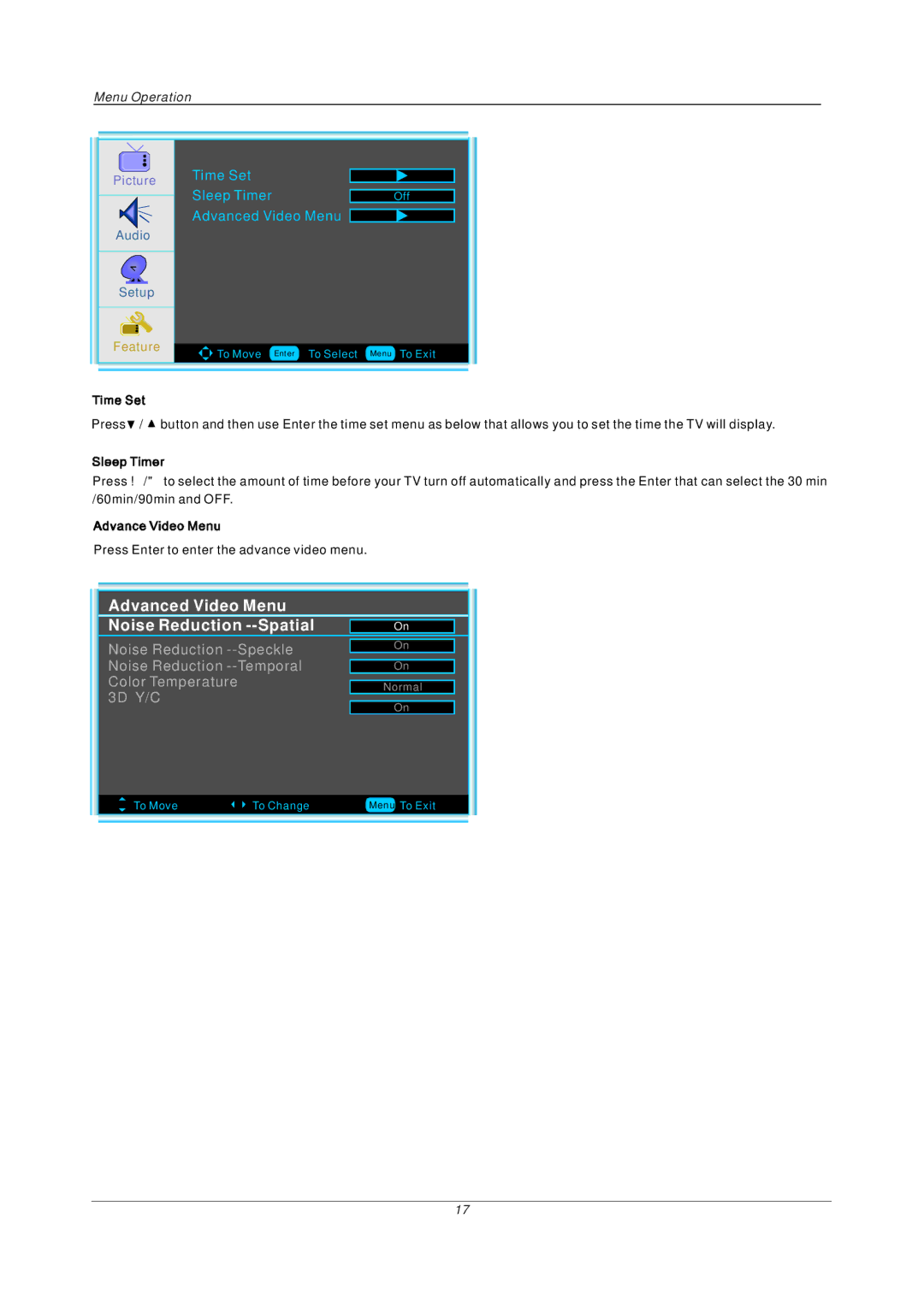 PYLE Audio PTC19LC manual Feature, Advanced Video Menu 