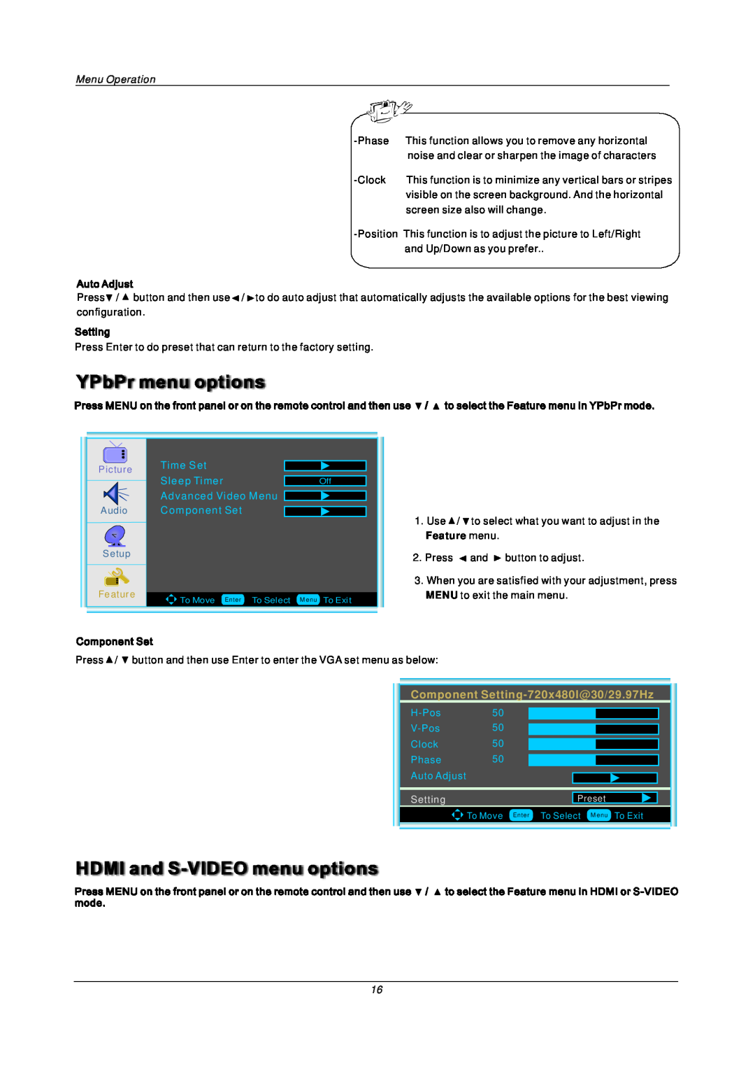 PYLE Audio PTC40LC manual Menu Operation, Component Setting-720x480I@30/29.97Hz, SettingPreset 