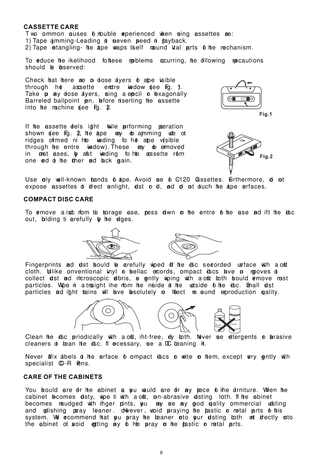PYLE Audio PTCDS1U manual Cassette Care, Compact Disc Care, Care of the Cabinets 