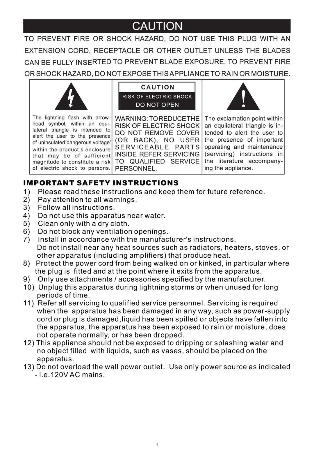 PYLE Audio PTCDS1U manual Important Safety Instructions 