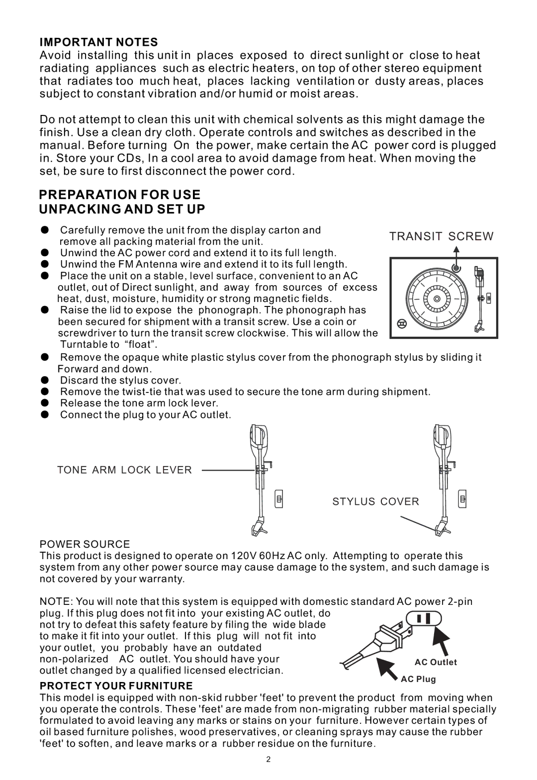 PYLE Audio PTCDS1U manual Important Notes, Protect Your Furniture 