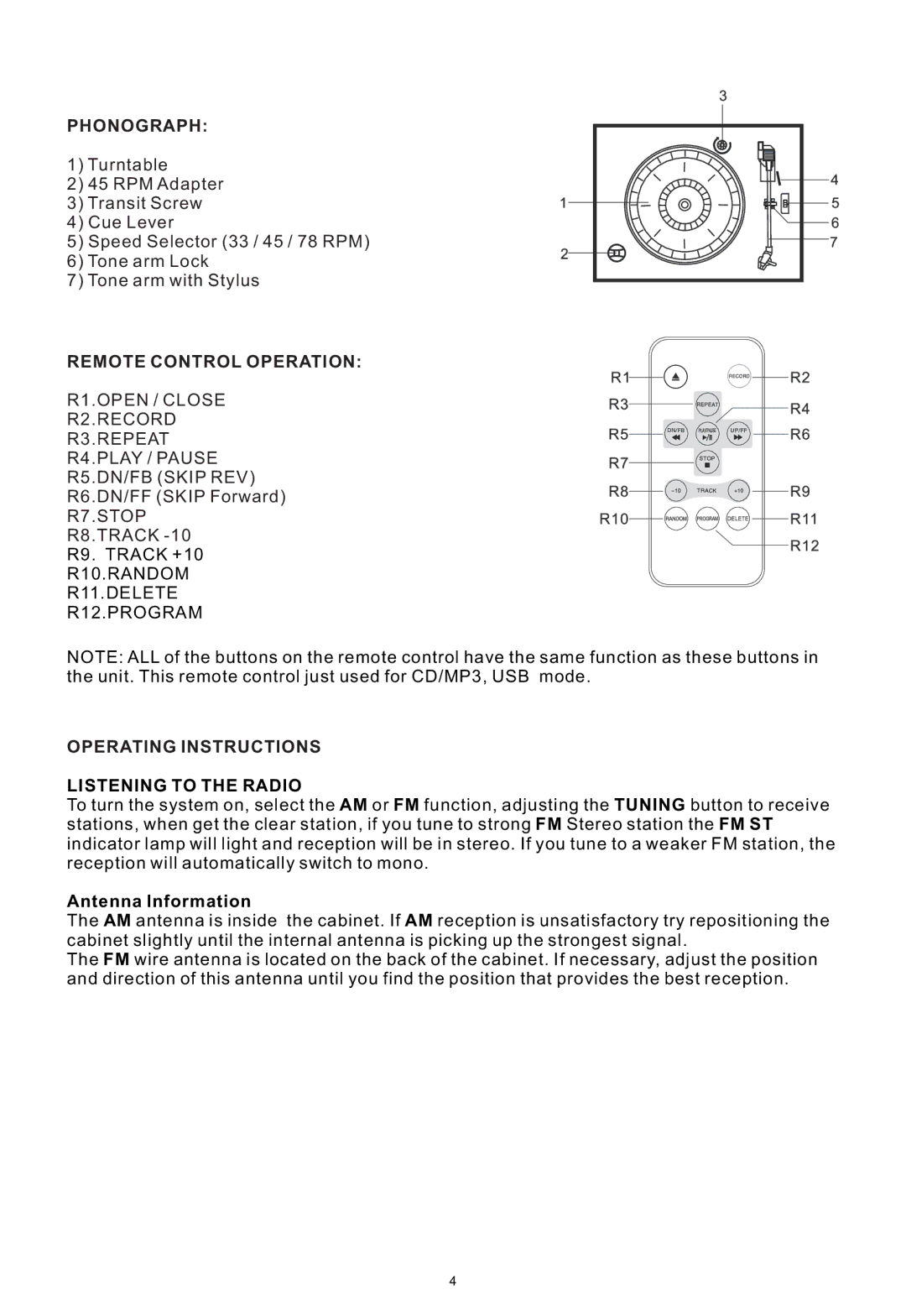 PYLE Audio PTCDS1U manual Phonograph, Remote Control Operation, Operating Instructions Listening to the Radio 