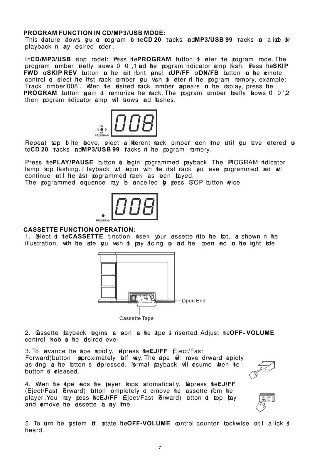 PYLE Audio PTCDS1U manual Program Function in CD/MP3/USB Mode, Cassette Function Operation 