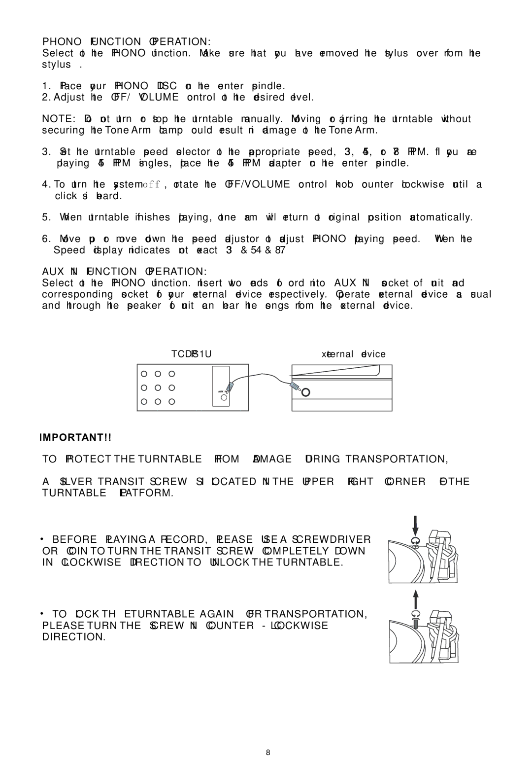 PYLE Audio PTCDS1U manual Phono Function Operation 