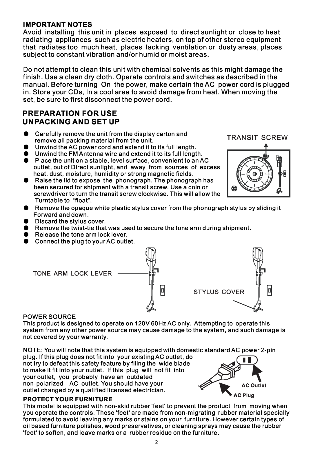 PYLE Audio PTCDS1U manual Preparation For Use Unpacking And Set Up, Important Notes 
