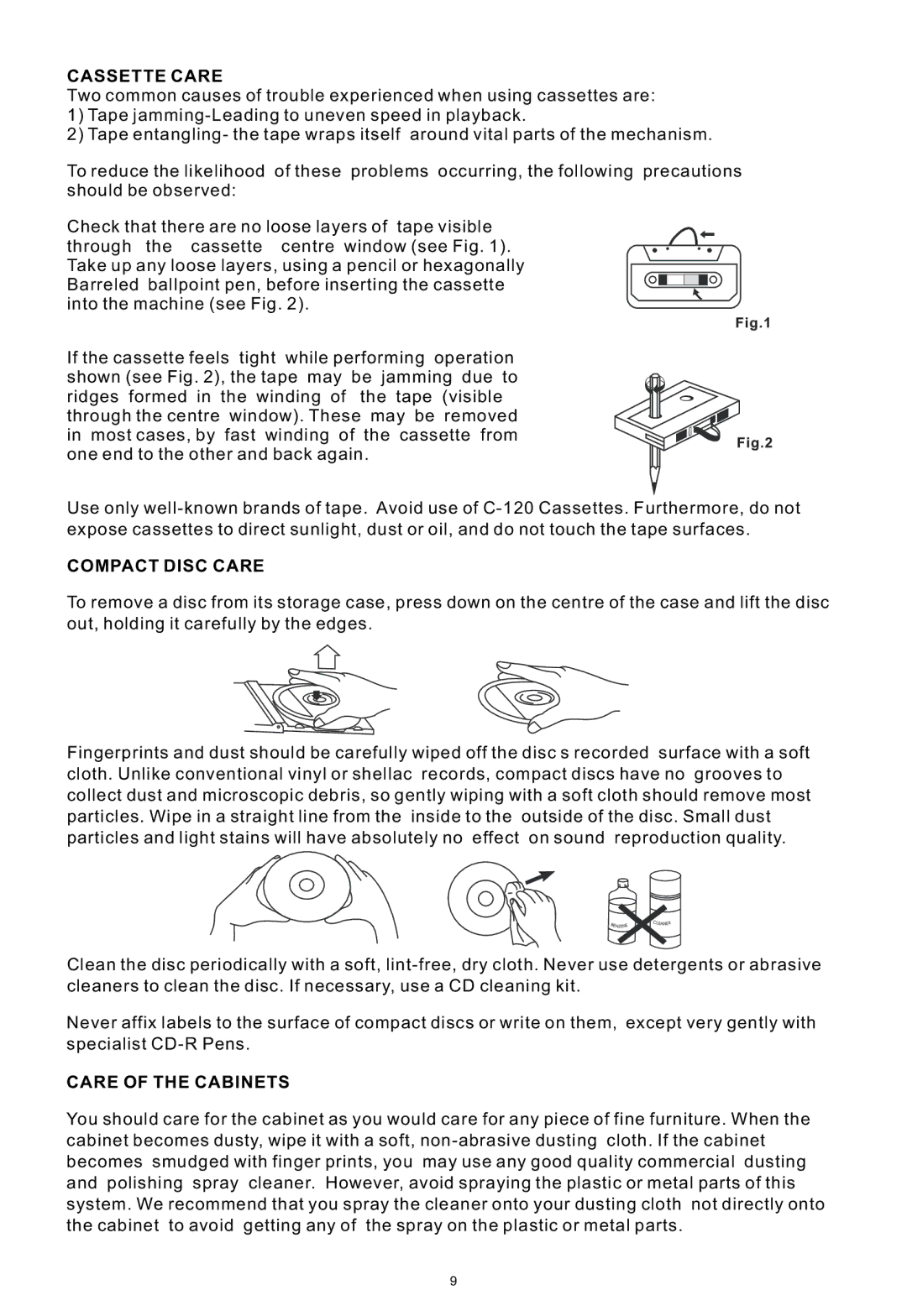 PYLE Audio PTCDS2UI manual Cassette Care, Compact Disc Care, Care of the Cabinets 