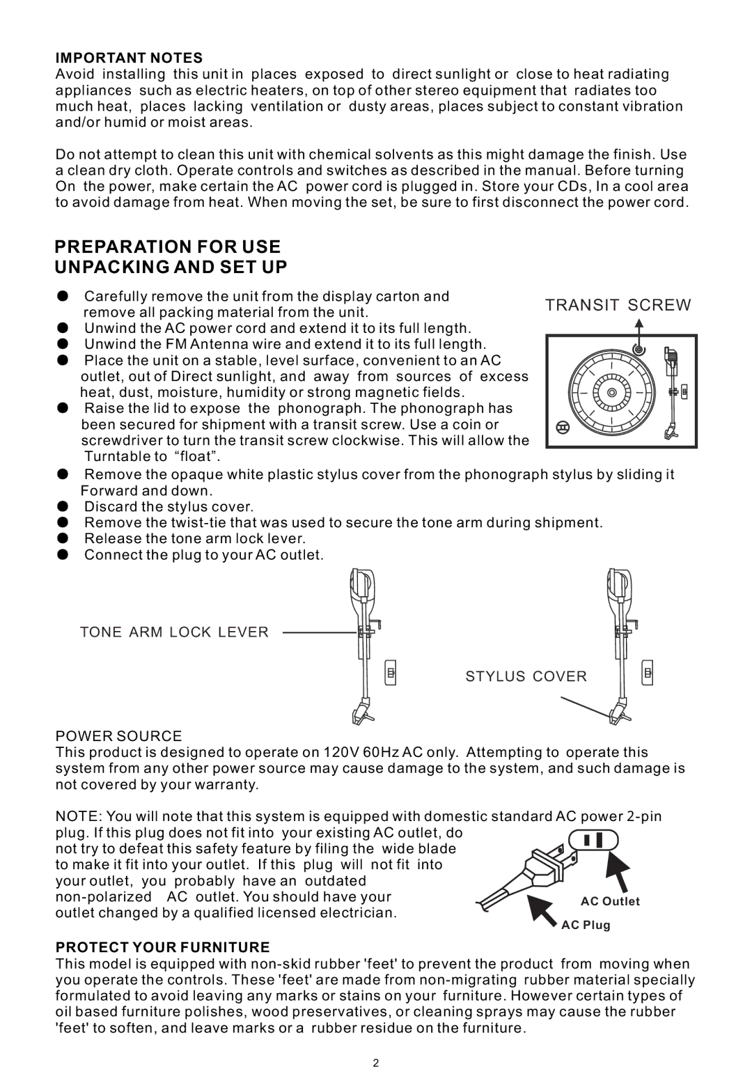 PYLE Audio PTCDS2UI manual Important Notes, Protect Your Furniture 