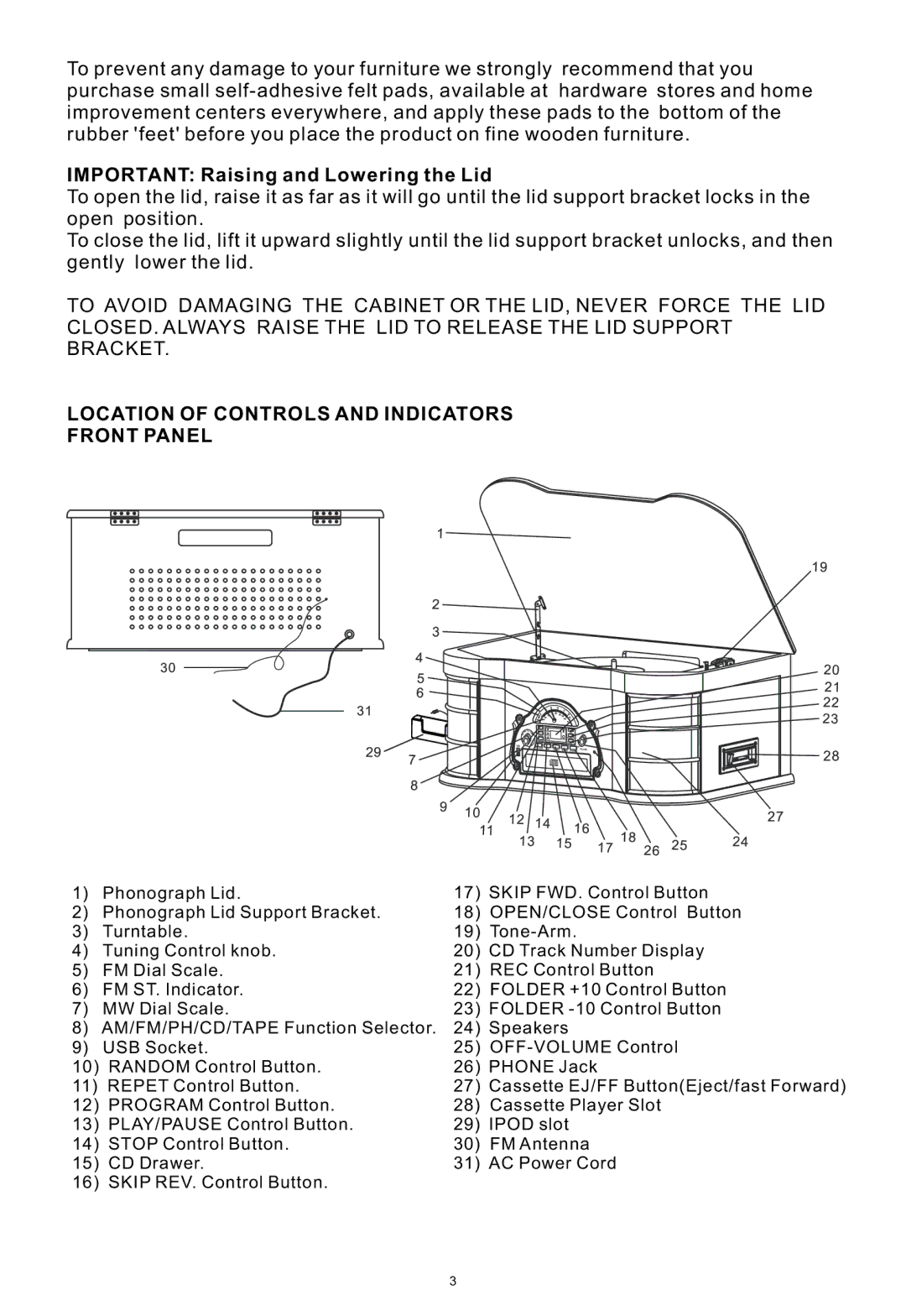 PYLE Audio PTCDS2UI manual Location of Controls and Indicators Front Panel 