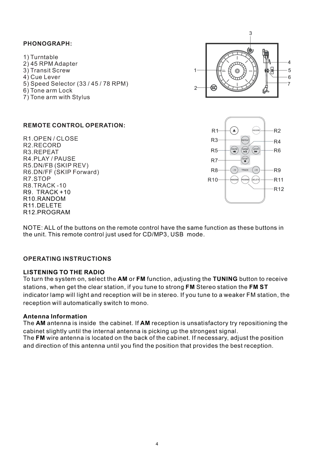 PYLE Audio PTCDS2UI manual Phonograph, Remote Control Operation, Operating Instructions Listening to the Radio 