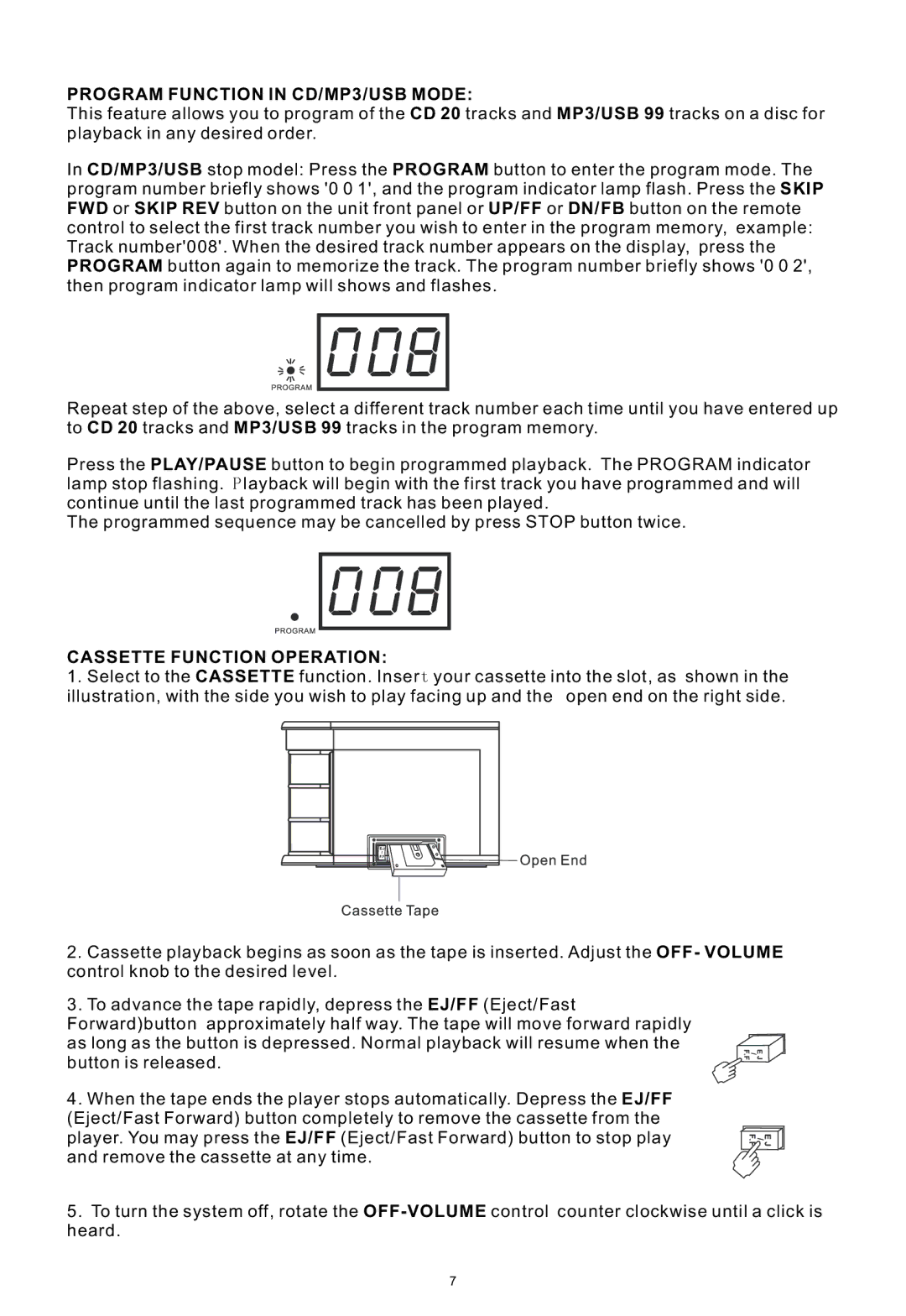 PYLE Audio PTCDS2UI manual Program Function in CD/MP3/USB Mode, Cassette Function Operation 