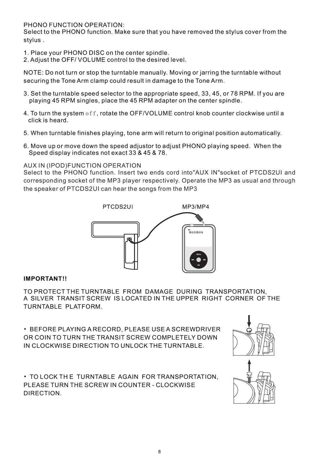 PYLE Audio PTCDS2UI manual Phono Function Operation 