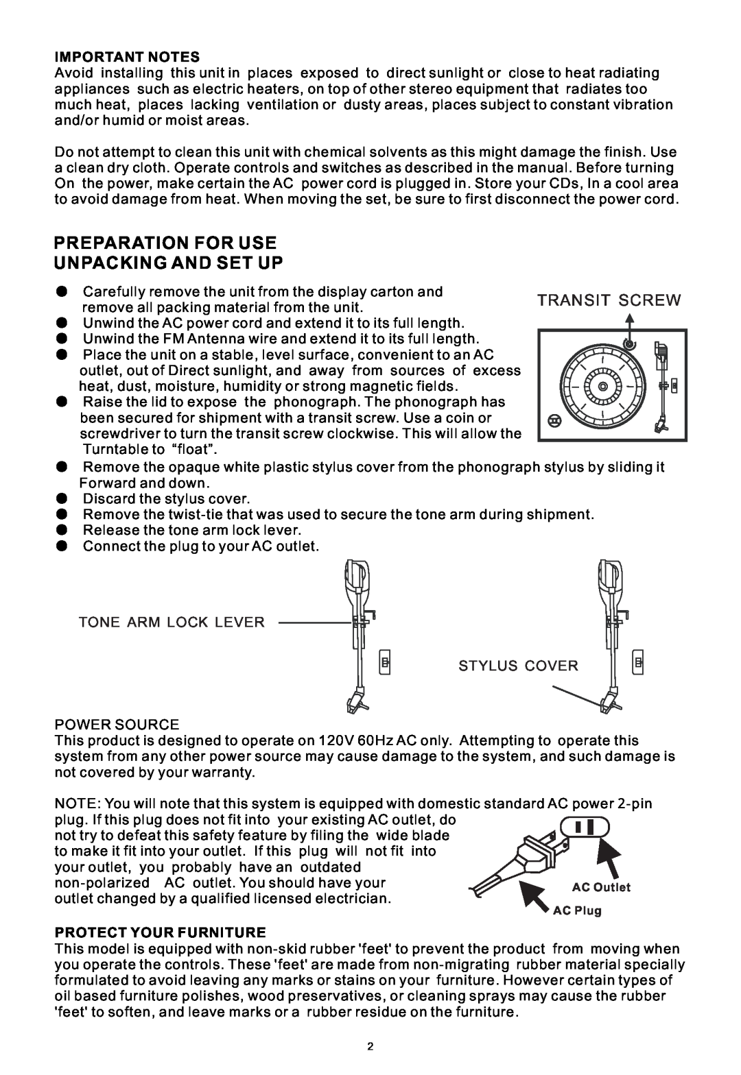 PYLE Audio PTCDS2UI manual Preparation For Use Unpacking And Set Up, Important Notes, Protect Your Furniture 