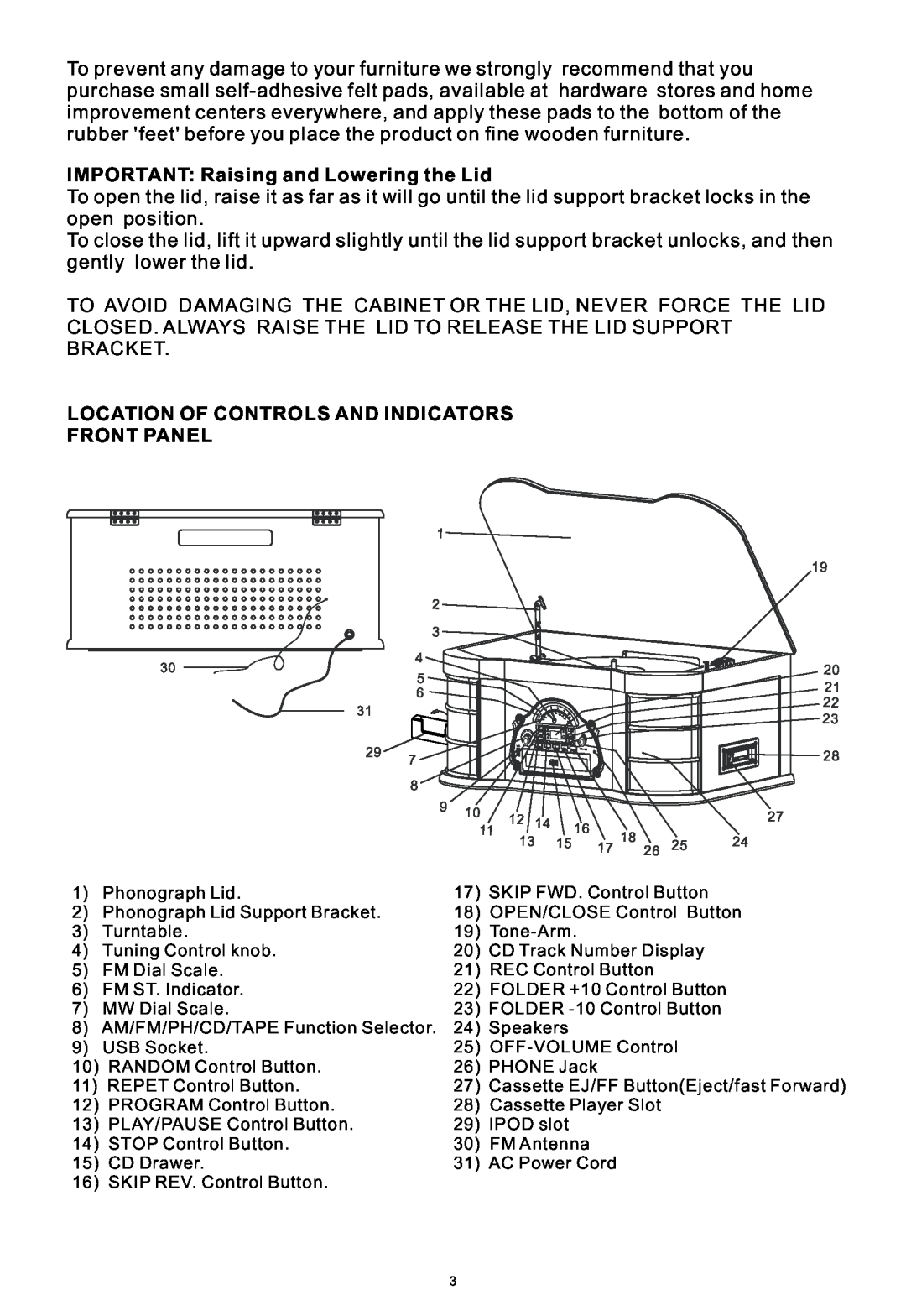 PYLE Audio PTCDS2UI manual IMPORTANT Raising and Lowering the Lid, Location Of Controls And Indicators Front Panel 