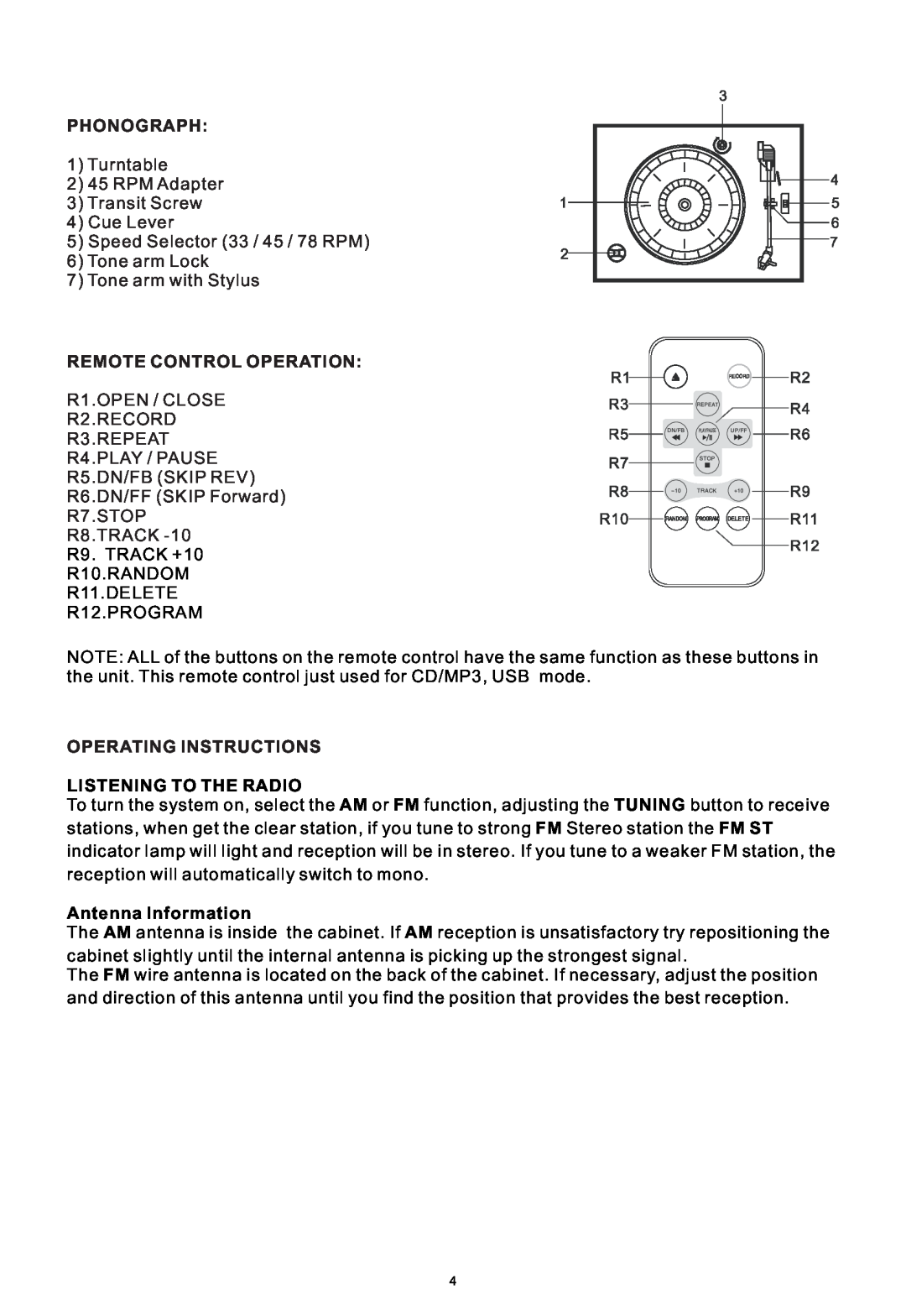 PYLE Audio PTCDS2UI manual Phonograph, Remote Control Operation, Operating Instructions Listening To The Radio 