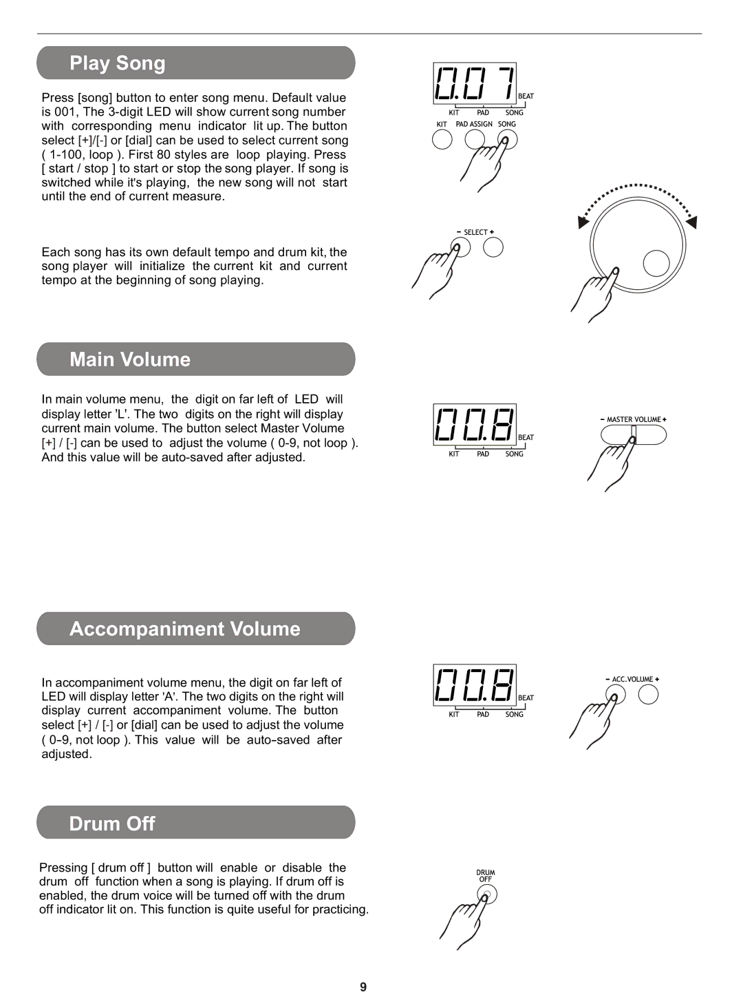 PYLE Audio PTED01 owner manual Play Song, Main Volume, Accompaniment Volume, Drum Off 