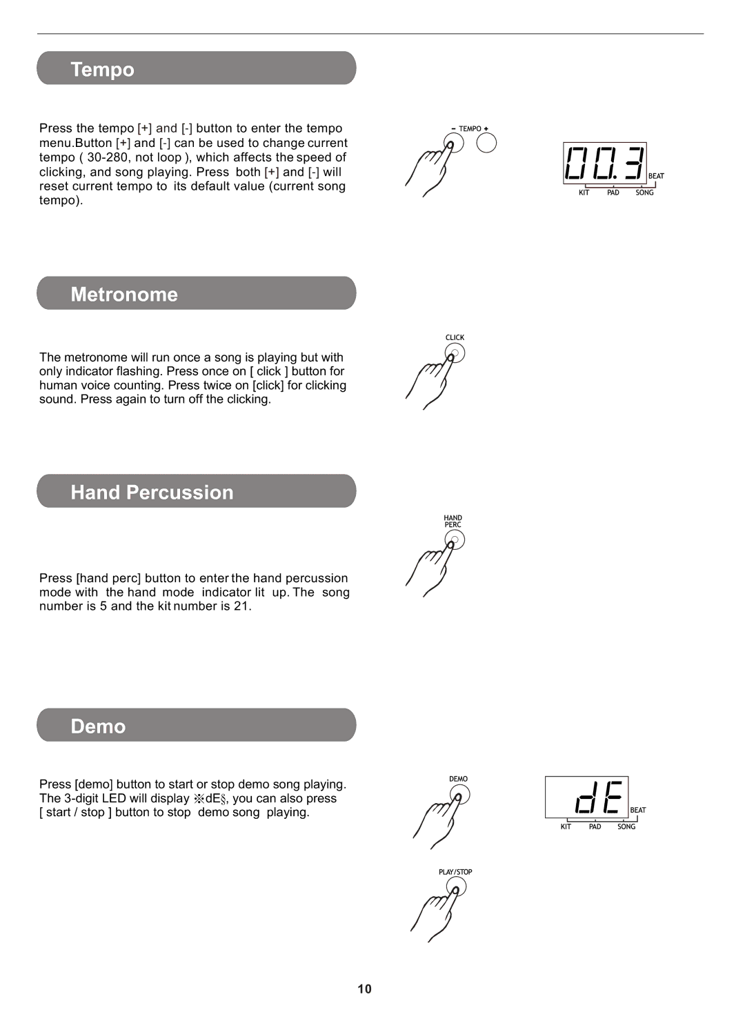 PYLE Audio PTED01 owner manual Tempo, Metronome, Hand Percussion, Demo 