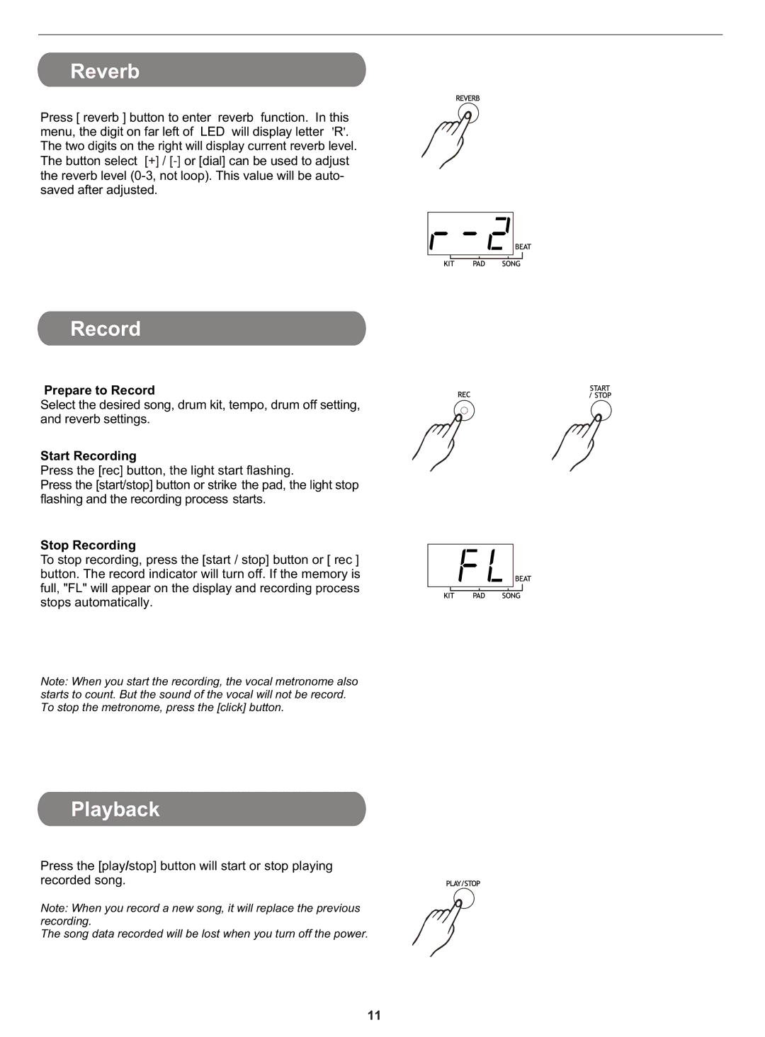 PYLE Audio PTED01 owner manual Reverb, Record, Playback 