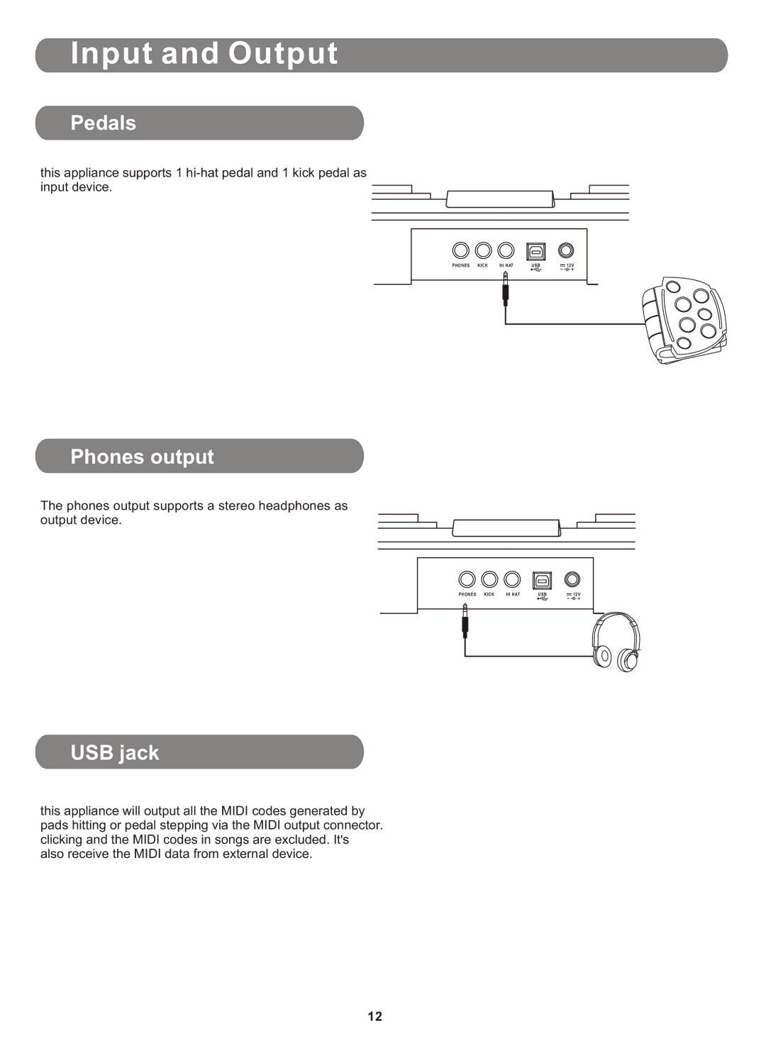 PYLE Audio PTED01 owner manual Input and Output, Pedals, Phones output, USB jack 