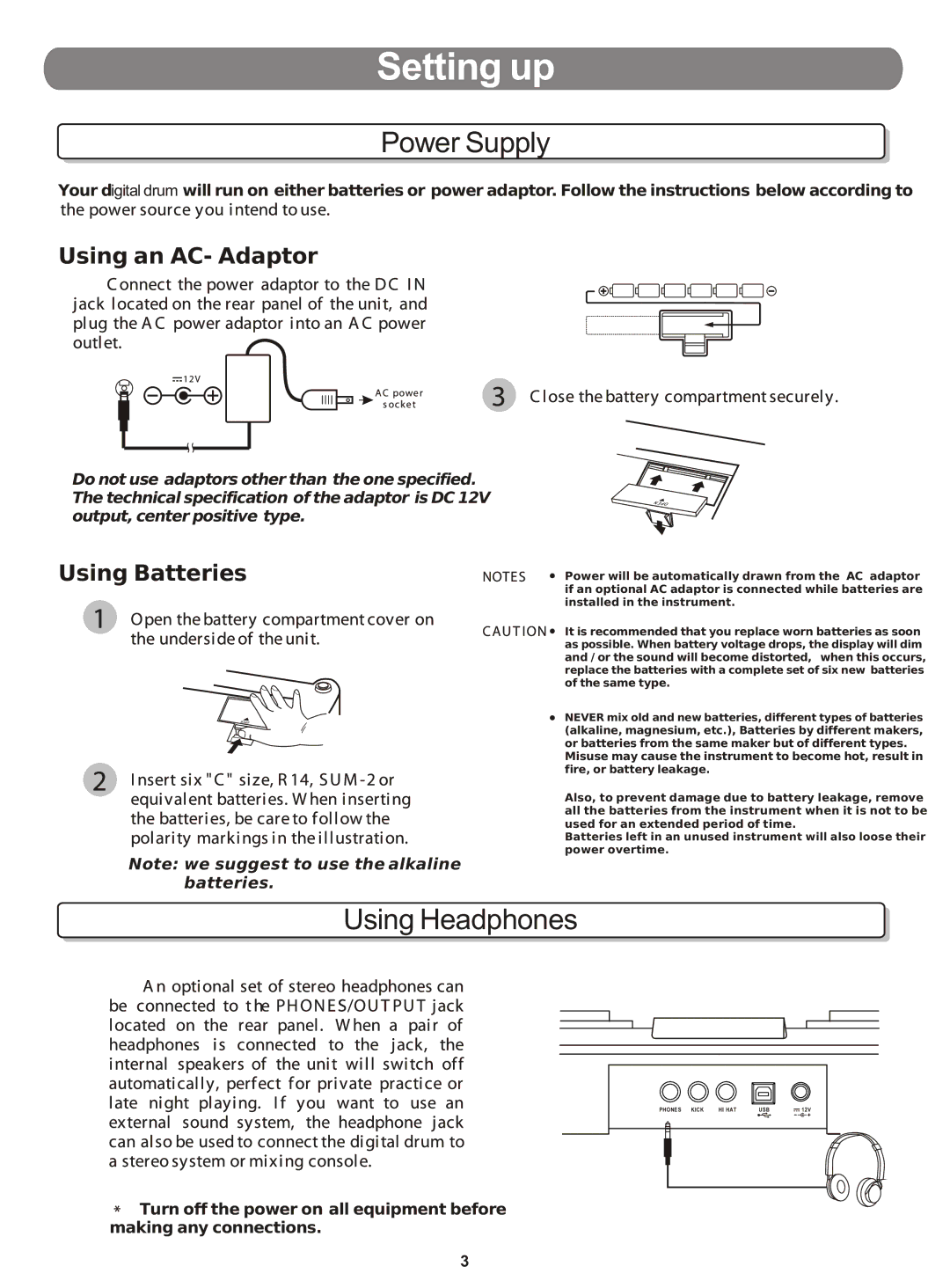 PYLE Audio PTED01 owner manual Setting up, Power Supply 