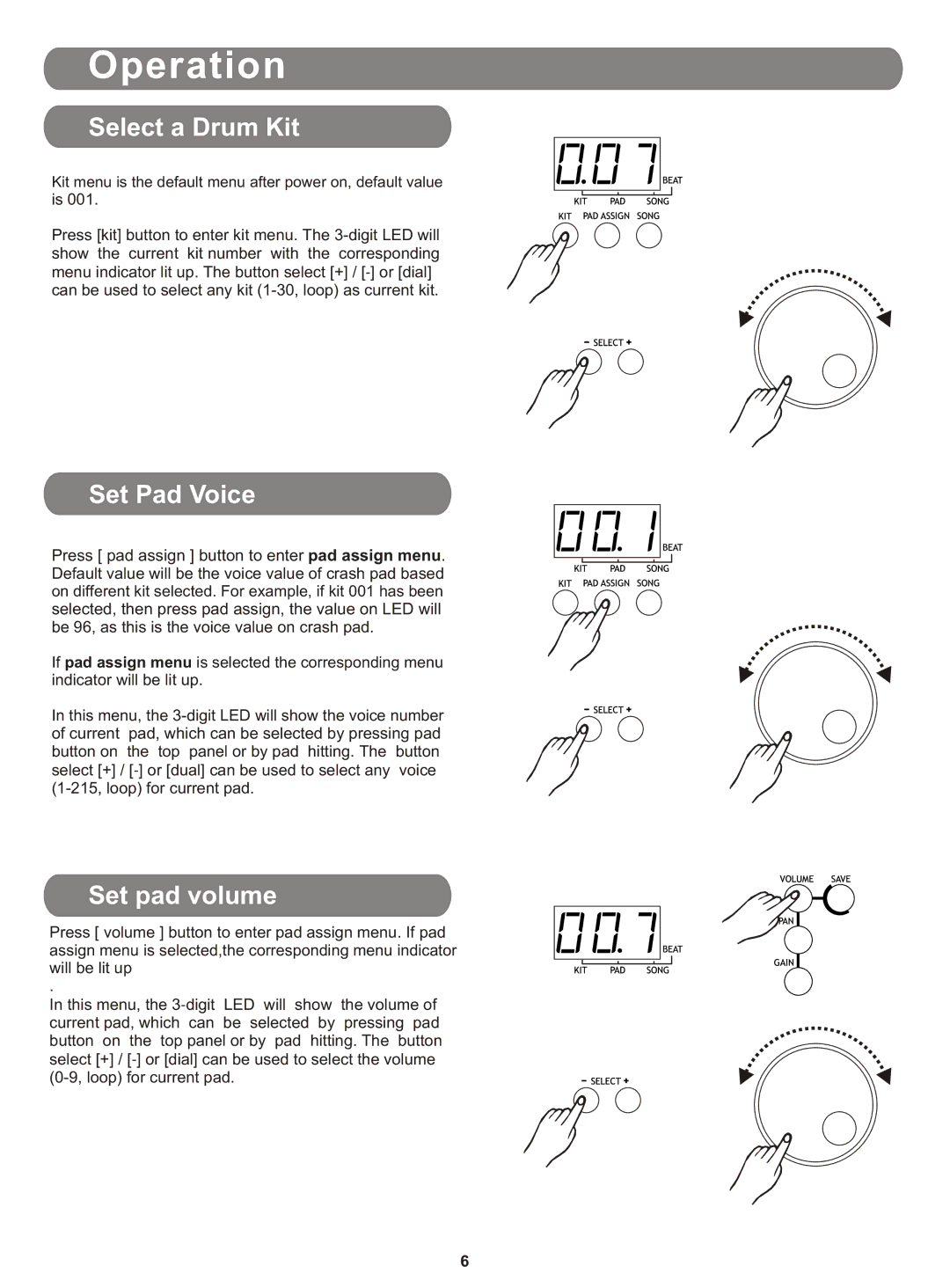 PYLE Audio PTED01 owner manual Operation, Select a Drum Kit, Set Pad Voice, Set pad volume 