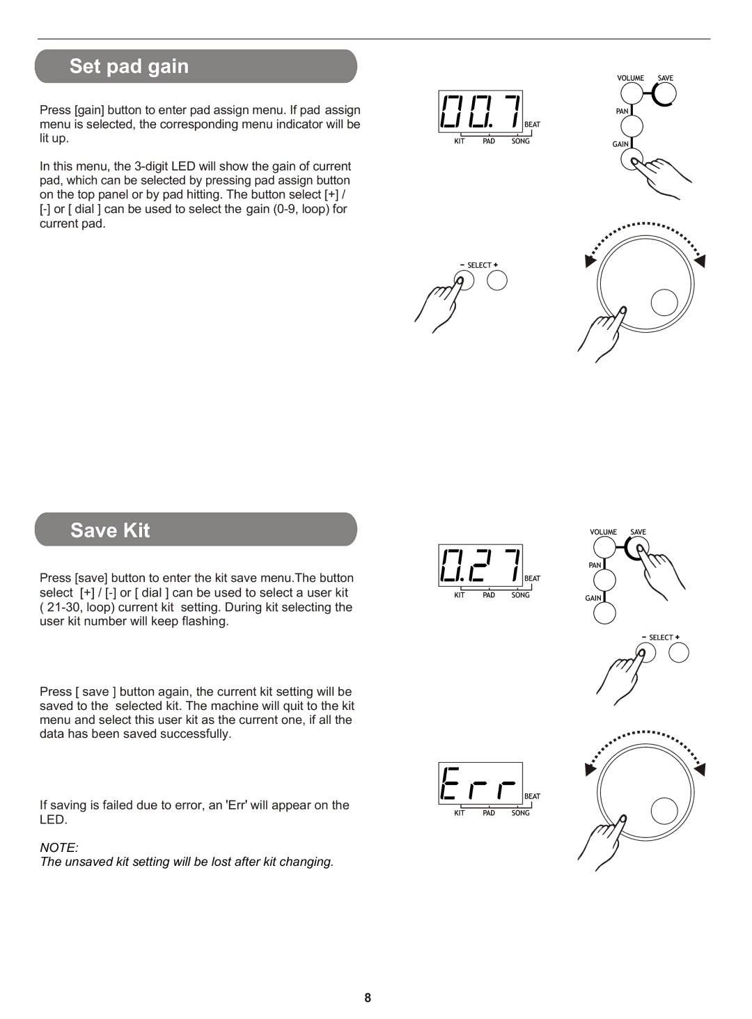 PYLE Audio PTED01 owner manual Set pad gain, Save Kit 