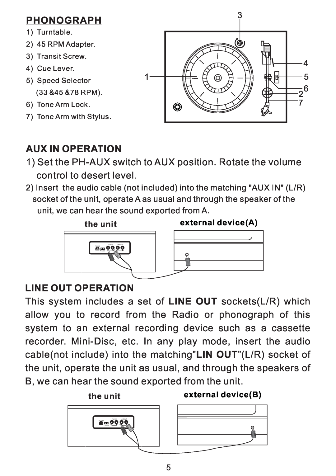 PYLE Audio PVNTT1 manual Phonograph, Aux In Operation, Line Out Operation 