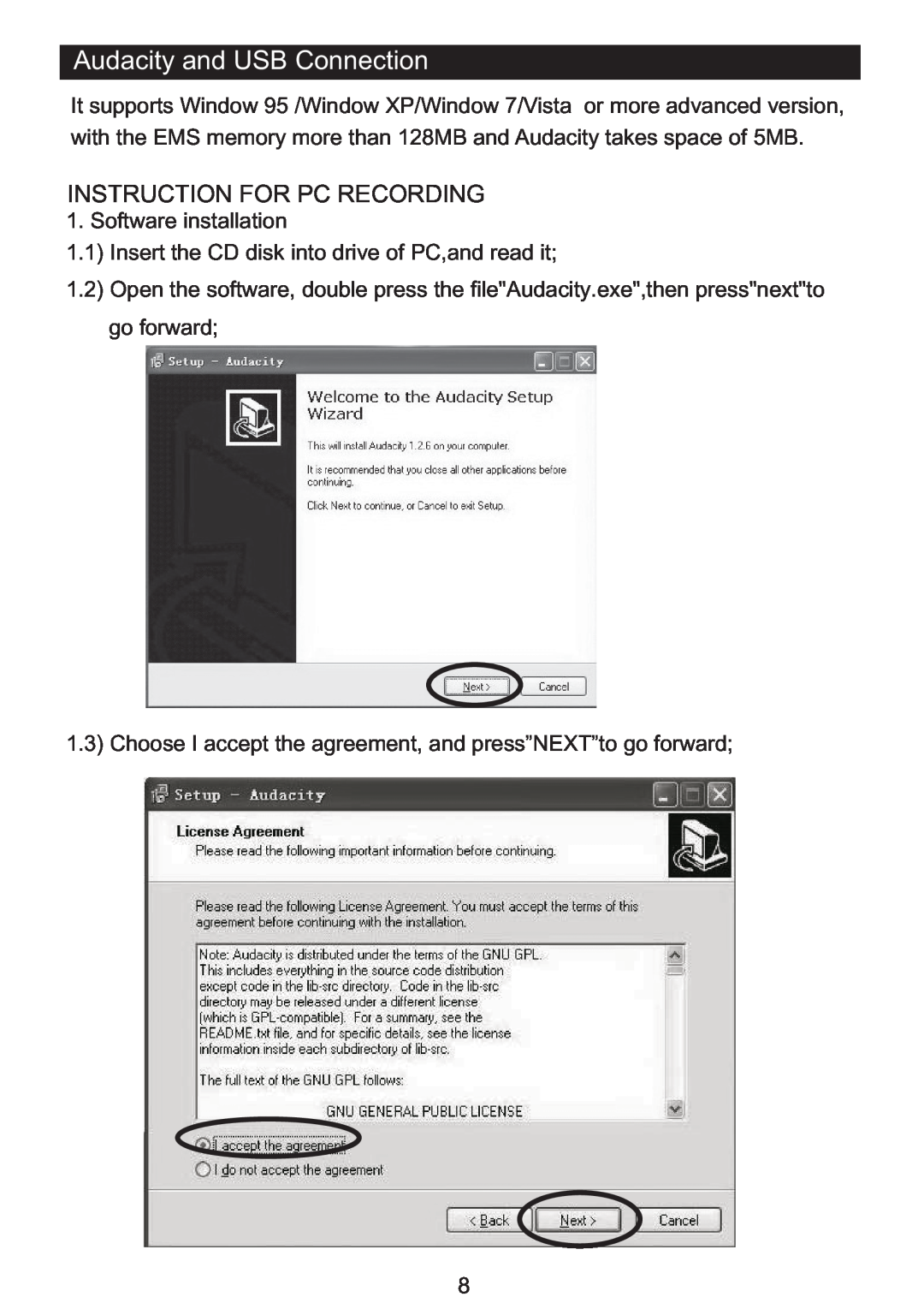 PYLE Audio PVNTT1 manual Audacity and USB Connection, Instruction For Pc Recording 