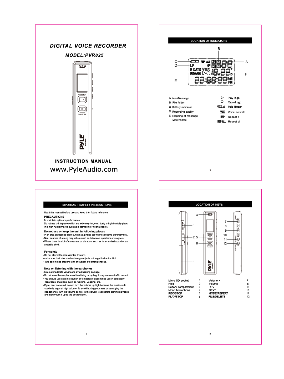 PYLE Audio instruction manual Digital Voice Recorder, MODELPVR825, Instruction Manual, Important Safety Instructions 