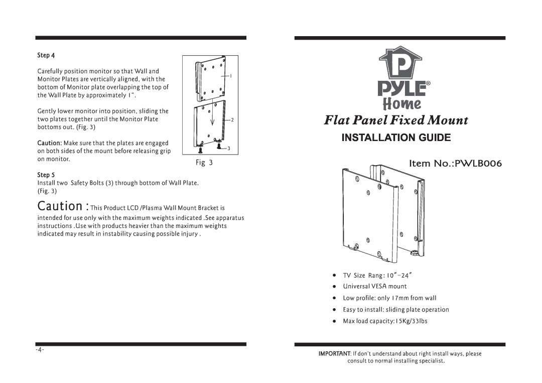 PYLE Audio manual Step, Flat Panel Fixed Mount, Item No.PWLB006, Installation Guide 