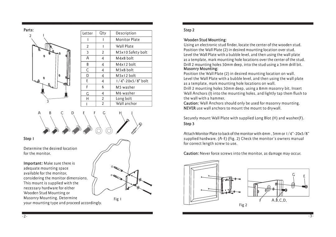 PYLE Audio PWLB006 manual Wooden Stud Mounting, Masonry Mounting, Step, Parts 