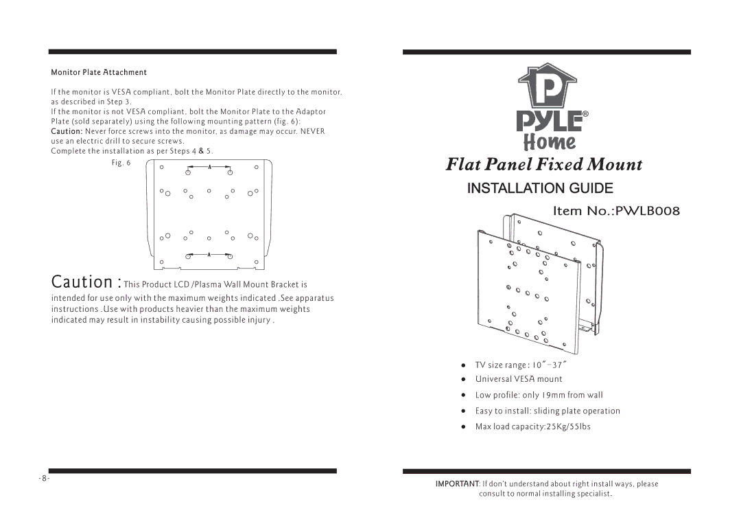 PYLE Audio PWLB008 manual Flat Panel Fixed Mount 