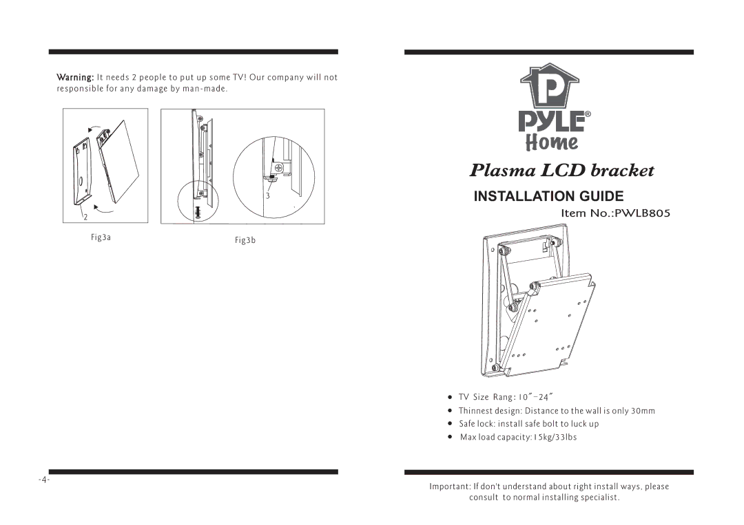 PYLE Audio manual Plasma LCD bracket, Installation Guide, Item No.PWLB805 