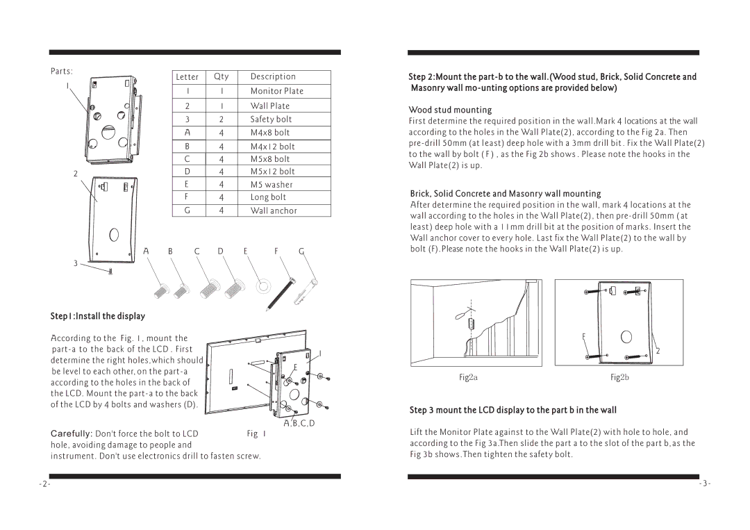 PYLE Audio PWLB805 manual C,D, Wood stud mounting, Brick, Solid Concrete and Masonry wall mounting 