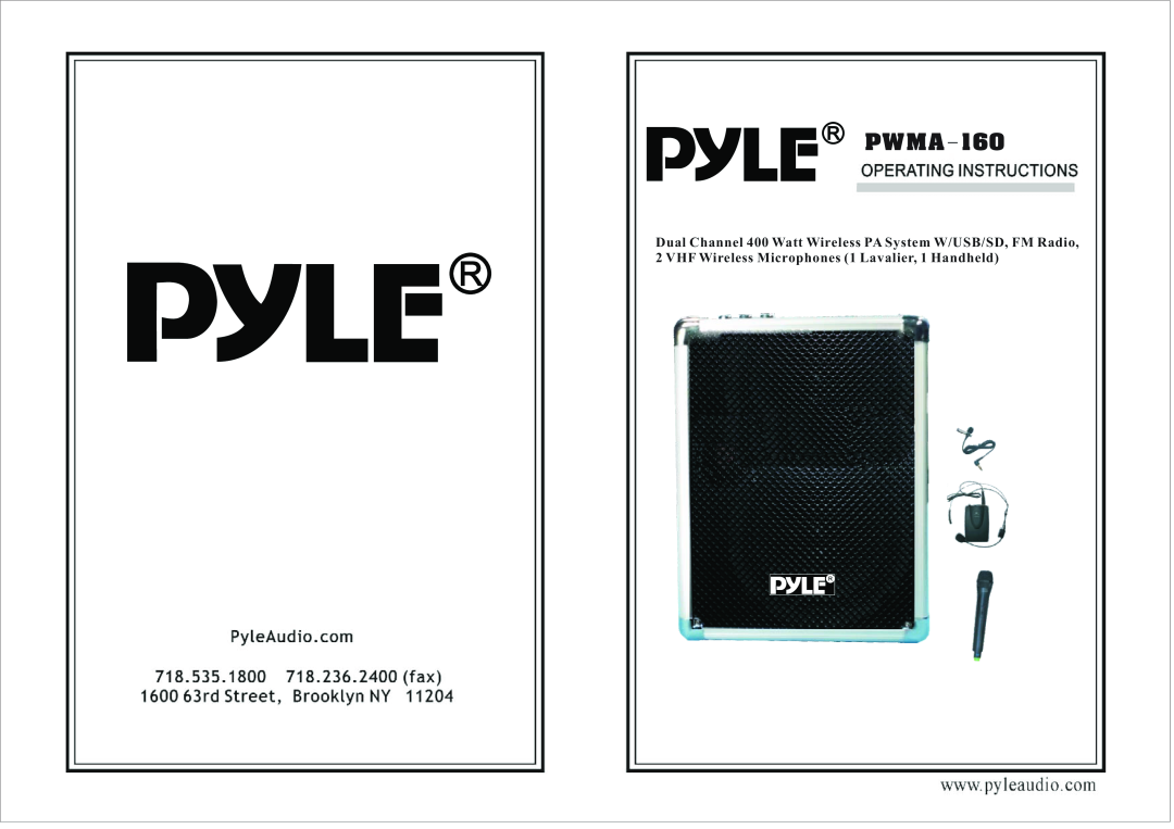PYLE Audio PWMA-160 manual Dual Channel 400 Watt Wireless PA System W/USB/SD, FM Radio 