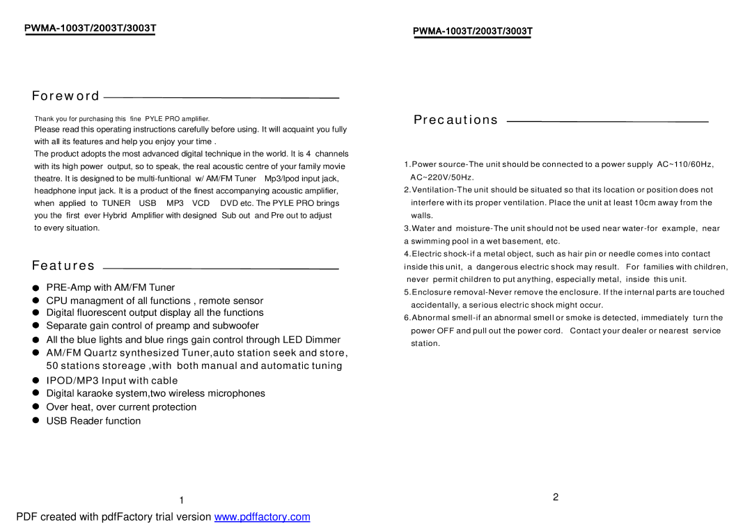 PYLE Audio PWMA-3003T, PWMA-2003T, PWMA-1003T manual Foreword 