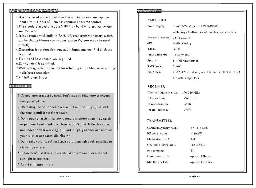 PYLE Audio PWMA-370 manual Parameter 