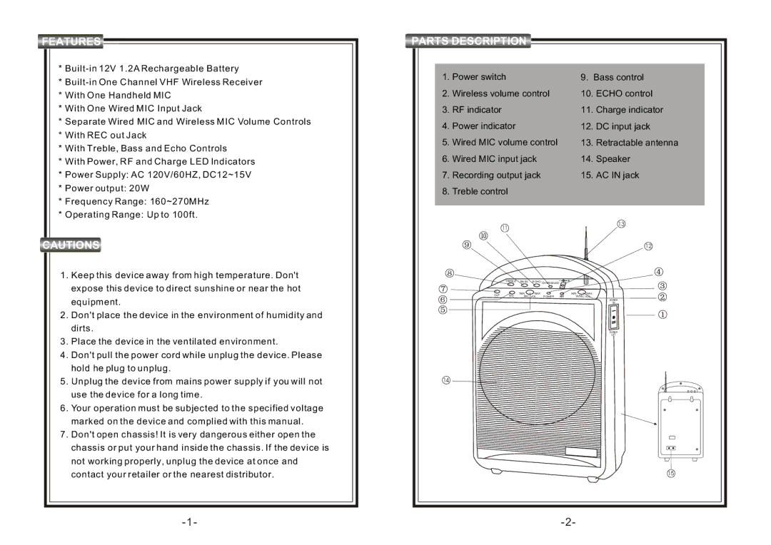 PYLE Audio PWMA100 user manual Features, Parts Description 