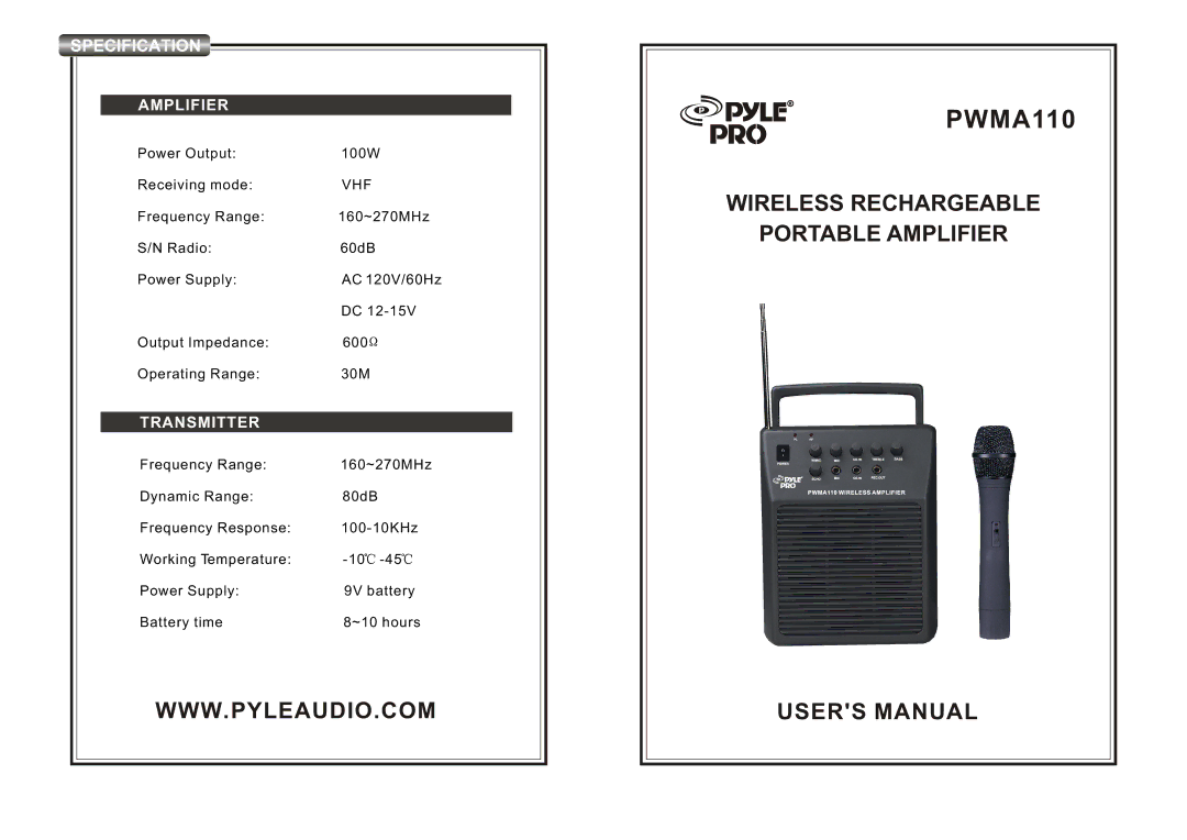 PYLE Audio PWMA110 user manual Specification, Amplifier 