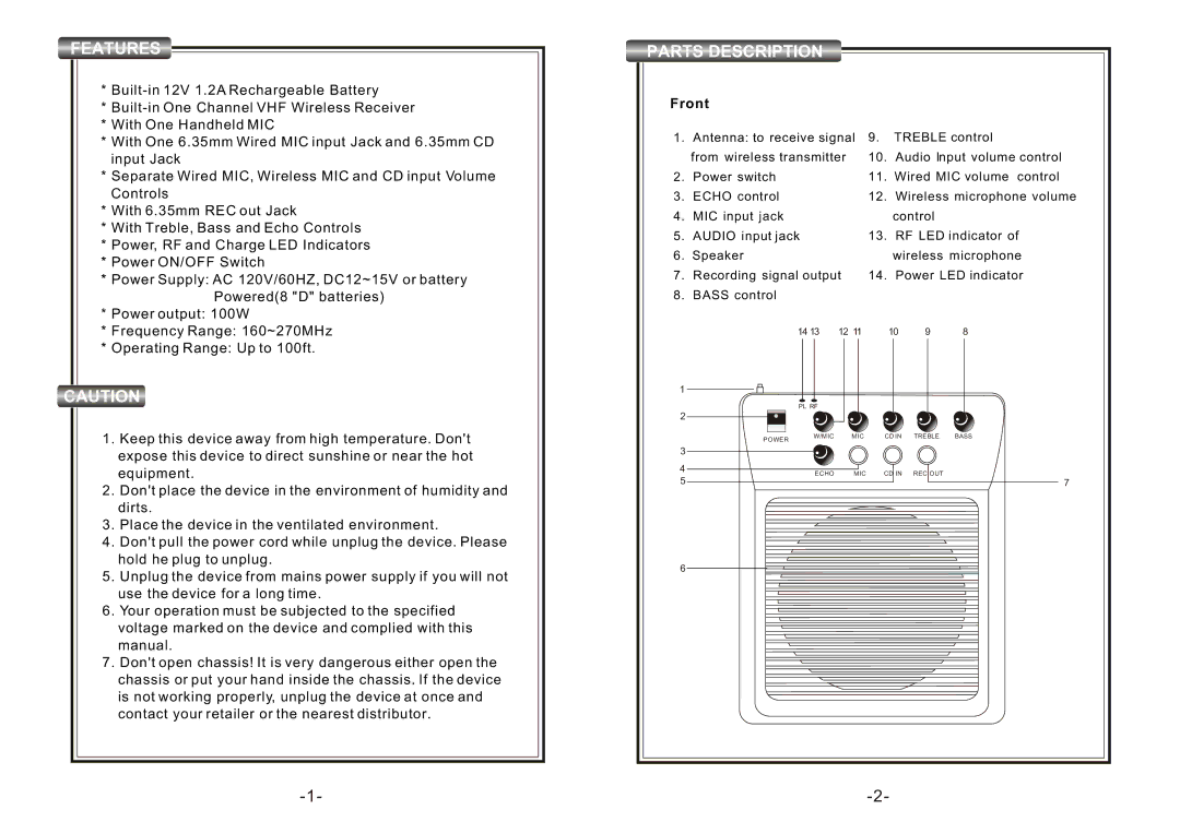 PYLE Audio PWMA110 user manual Features, Parts Description 