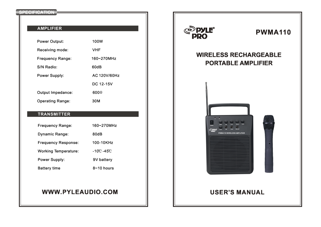 PYLE Audio PWMA110 user manual Specification, Wireless Rechargeable Portable Amplifier, Transmitter 