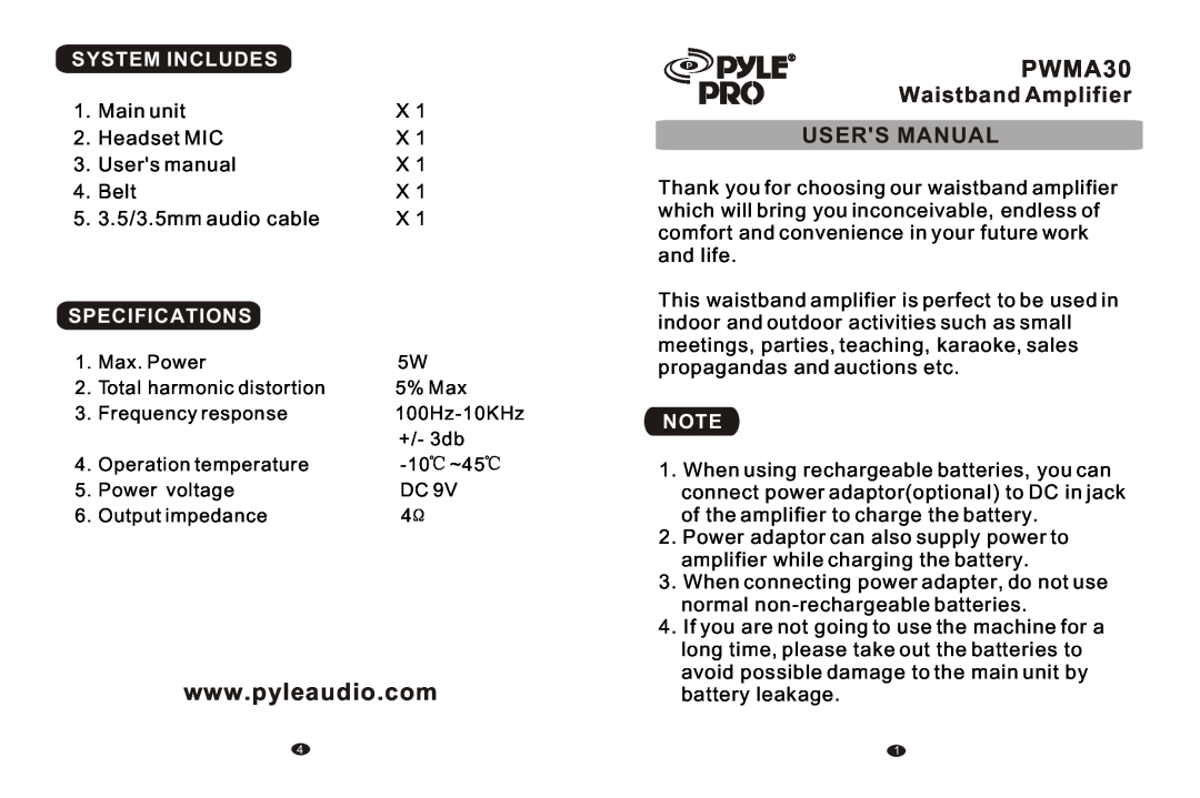 PYLE Audio PWMA30 user manual System Includes, Specifications 