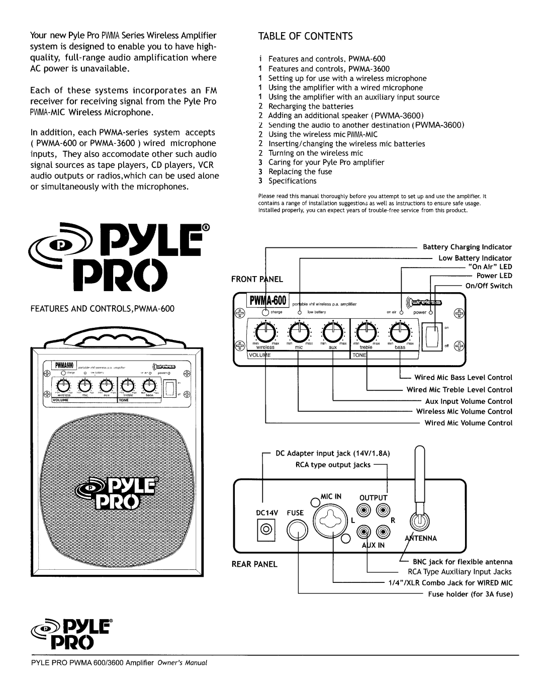 PYLE Audio PWMA3600, PWMA600 manual 