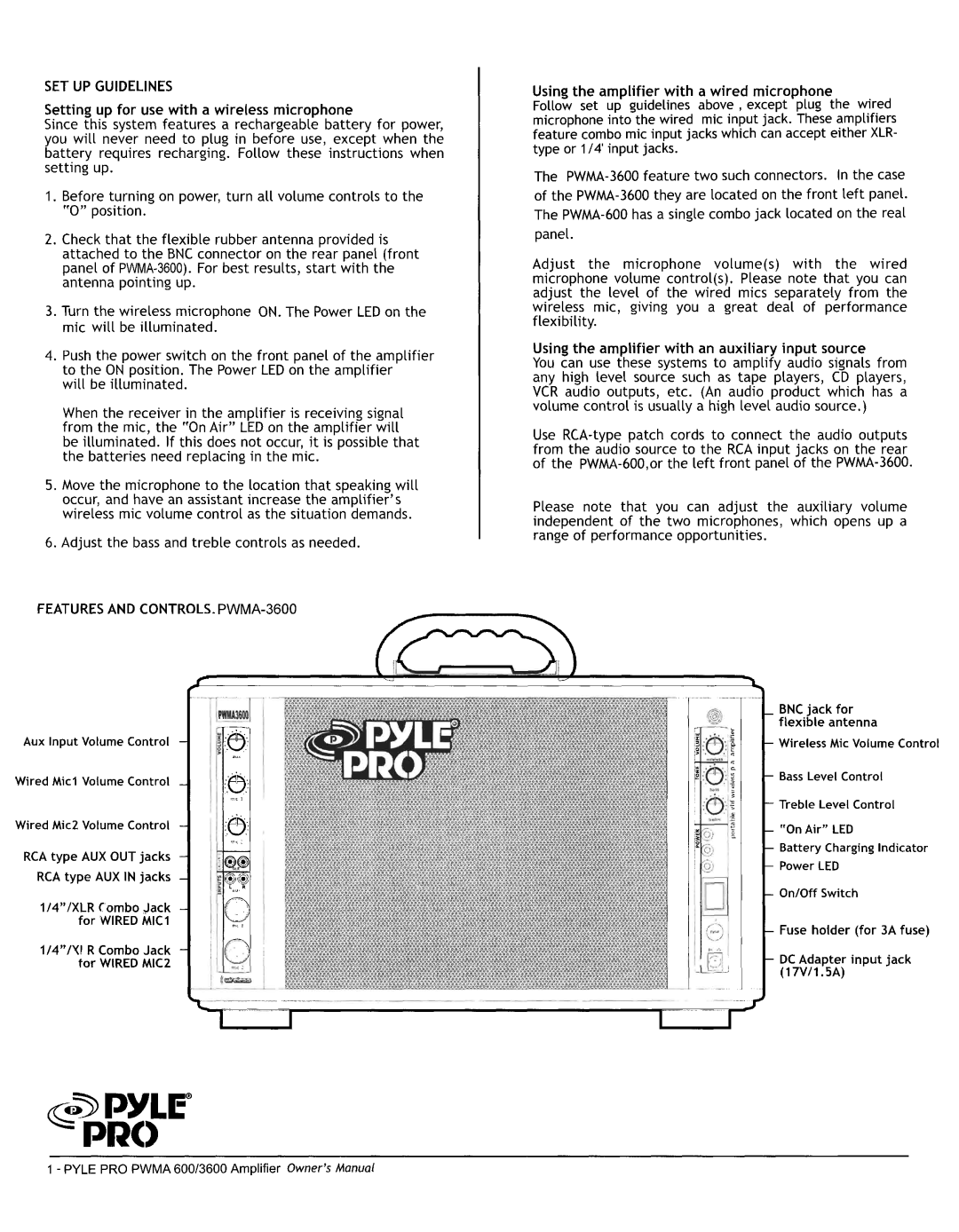 PYLE Audio PWMA600, PWMA3600 manual 