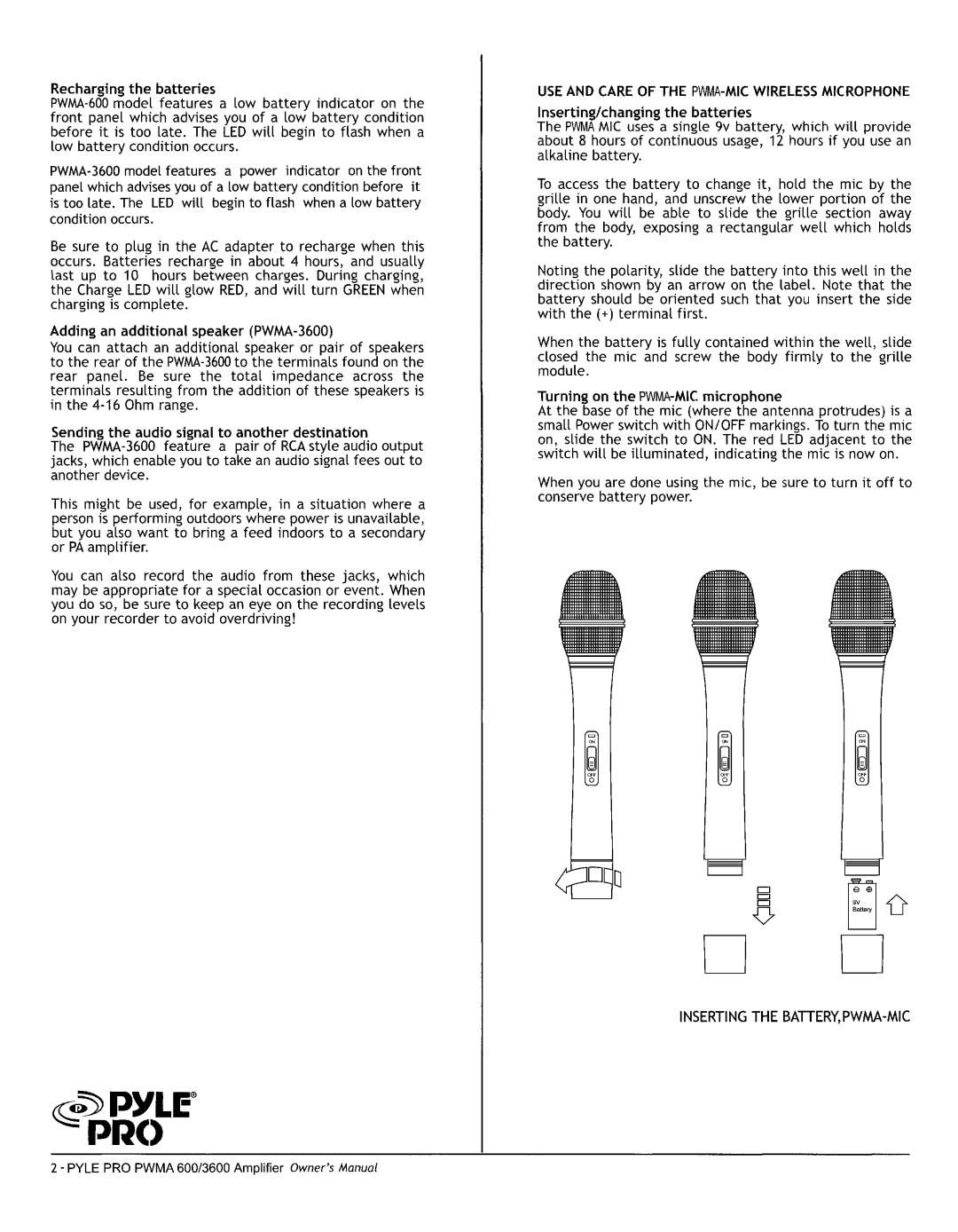 PYLE Audio PWMA3600, PWMA600 manual 