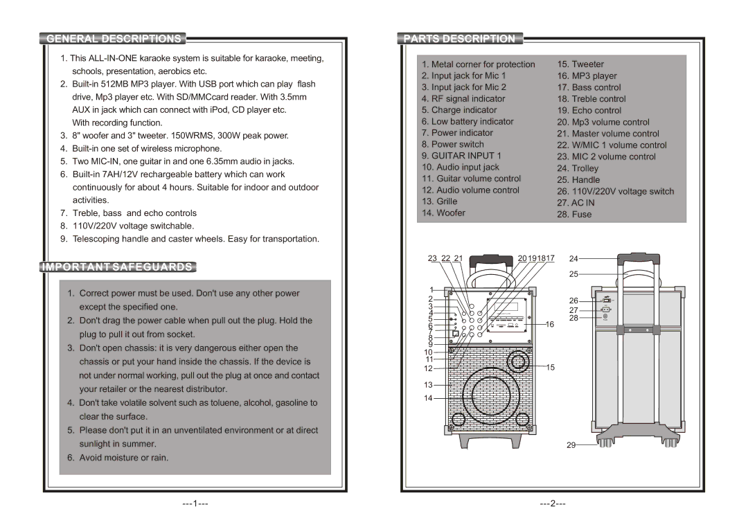 PYLE Audio PWMA820 operating instructions General Descriptions, Important Safeguards, Parts Description 