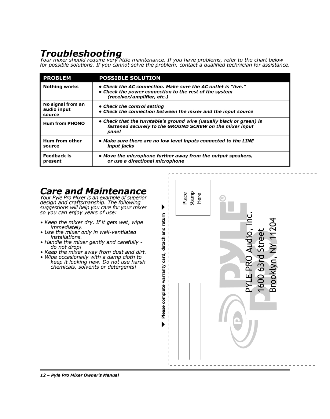 PYLE Audio PYD-1002, PYD-1005 manual Troubleshooting, Care and Maintenance 