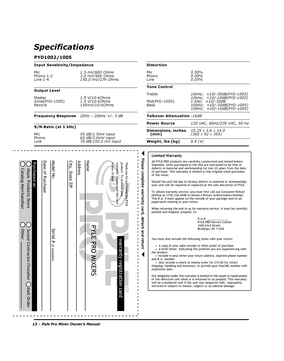 PYLE Audio PYD-1005, PYD-1002 manual Specifications, PYD1002/1005 