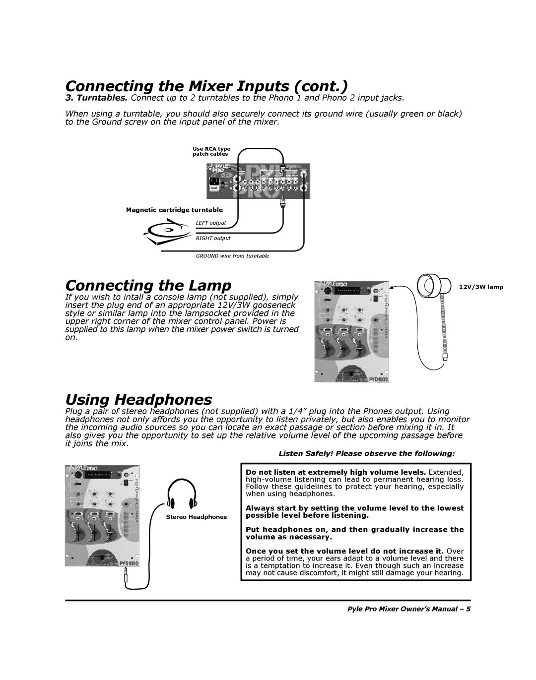 PYLE Audio PYD-1005, PYD-1002 manual Connecting the Lamp, Using Headphones 